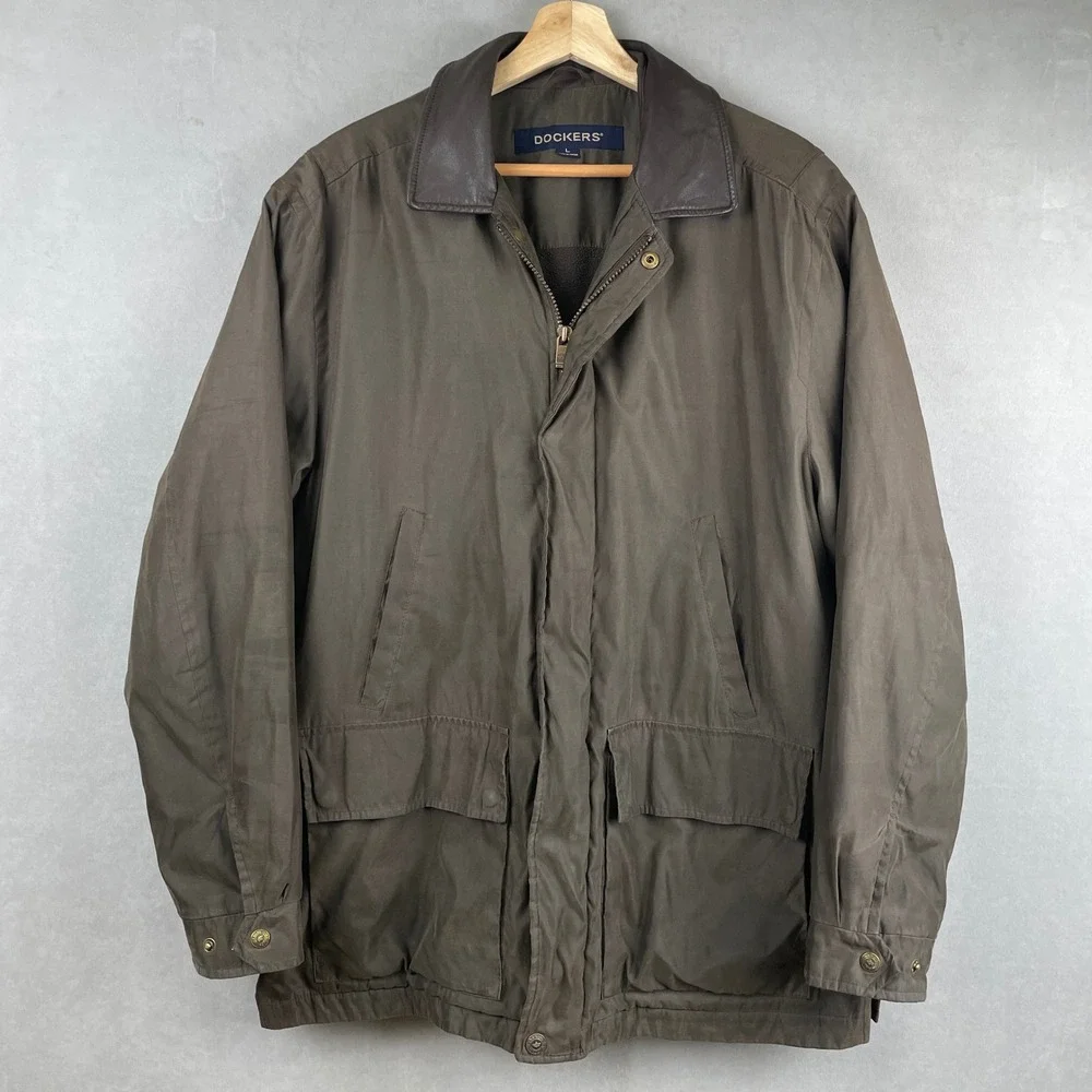 Dockers Mens Field Jacket‎ Olive Brown Resin Coated Fleece Quilted Lined L READ